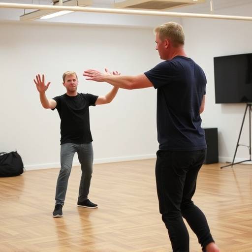Docent Sander Jansen leidt een dynamische improvisatieoefening