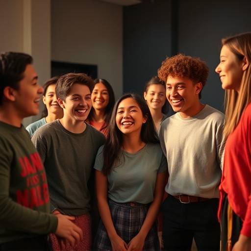 Een groep studenten in een theaterworkshop, lachend en samenwerkend