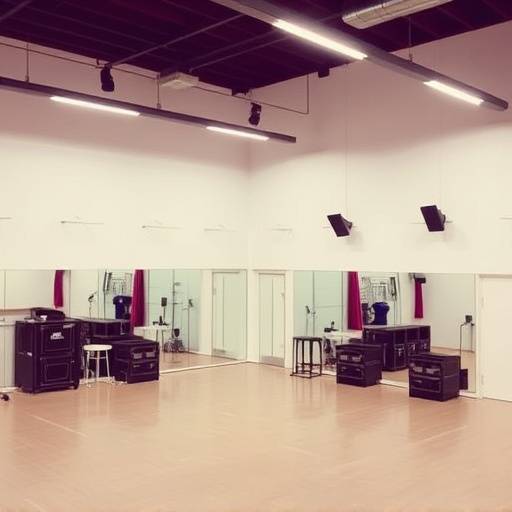 Interieur van een oefenruimte bij TheaterLab Amsterdam, met spiegels en theaterapparatuur