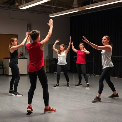 Studenten werken aan fysiek theater oefeningen in de studio